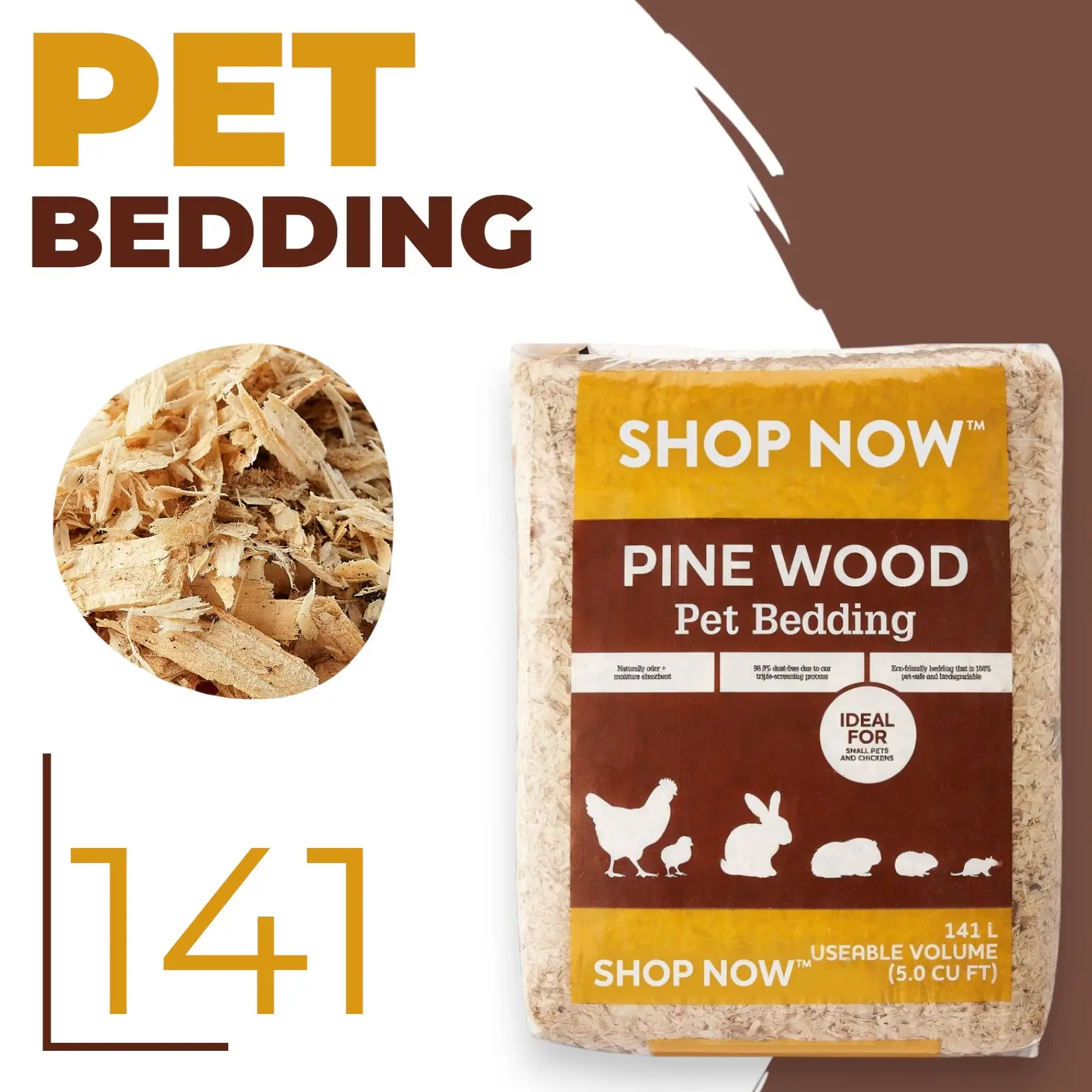 141 L Large Bag Pine Wood Pet Bedding-Litter, Kiln-Dried Process, 99% Dust-Free, Natural Odor Control, High Absorbency, Holds Up Over Time, Natural, Indoor & Outdoor Use for Guinea Pigs