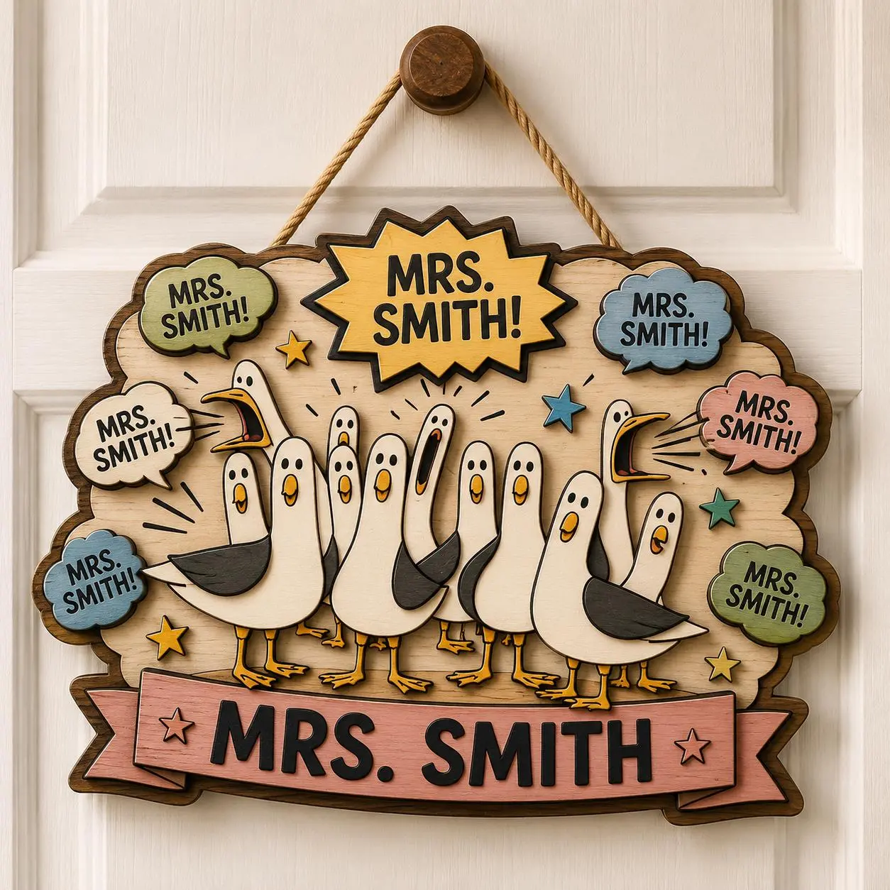 Personalized Seagull 2 Layer Door Sign, Custom Teacher Wooden Door Hanger, Funny Seagull Classroom Sign, Back To School Gift, First Day of School Sign