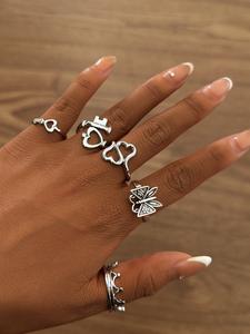 Women's Fashion Jewelry Set, Heart Key Butterfly Design Rings, Perfect Gift for Women & Girls, Stylish Accessory for Daily Wear, Stacking Ring Set
