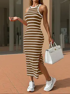 Women's Striped Print Round Neck Dress, Casual Sleeveless Bodycon Fit Dress for Summer, Ladies Clothes for Daily Wear, Casual Cami Dress