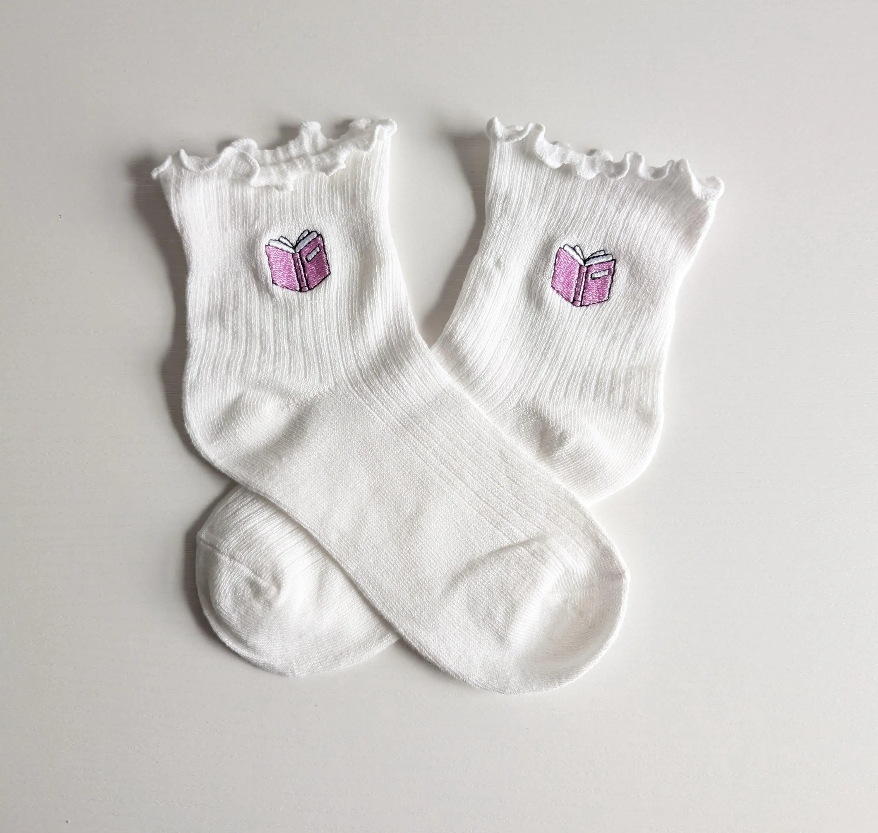 Women's Book Socks, Embroidered Ruffle Ankle Socks, Book Lover Gift, Cute Everyday socks