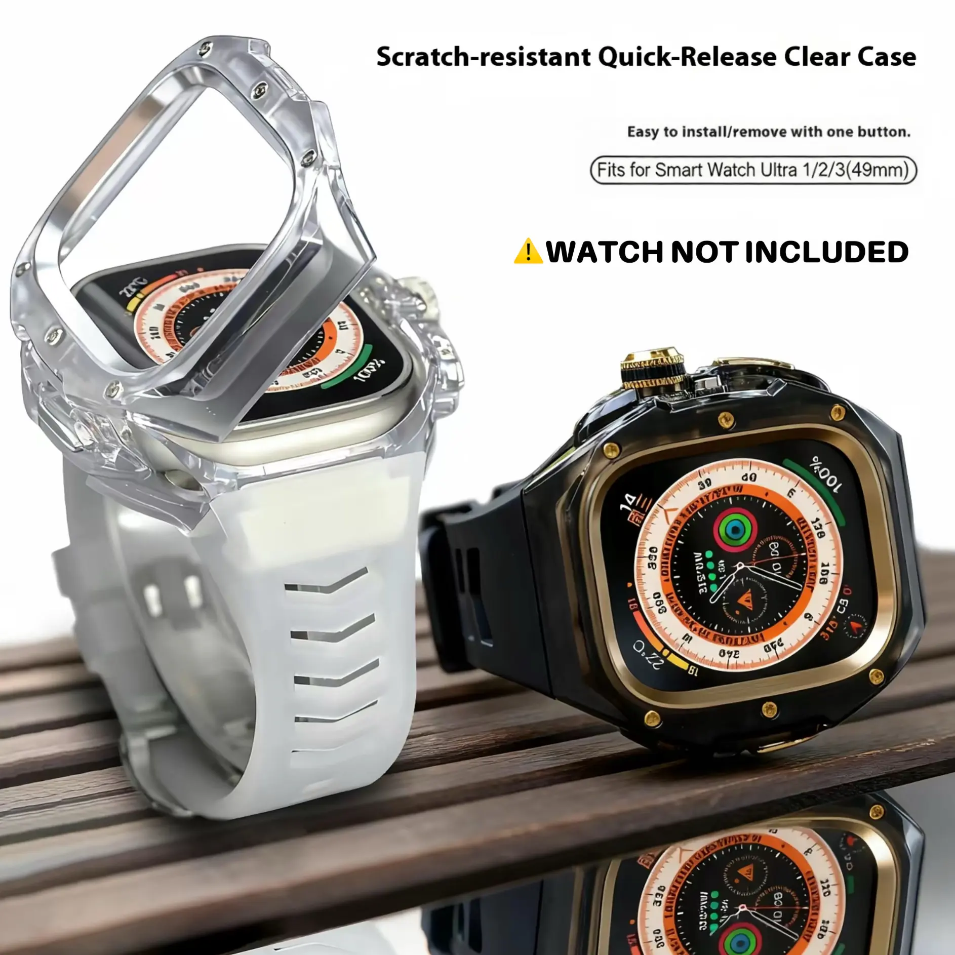 49mm Scratch-Resistant Quick-Release Clear PC Case with Strap for Smart Watch Ultra，Adjustable Silicone Band Set