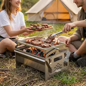 360° Rotating Charcoal Grill with Flipping Basket, Portable Stainless Steel BBQ Grill for Camping, Picnic & Backyard, Detachable Outdoor Barbecue Smoker Grill with Carry Bag, 15.6' × 15.4' × 11'
