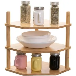 3 Tier Expandable Bamboo Corner Shelf - Dish/Plate Organizer for Cabinet, Kitchen Counter Shelf & Small Kitchen Shelf, Adjustable (3Tier-3.9" H)