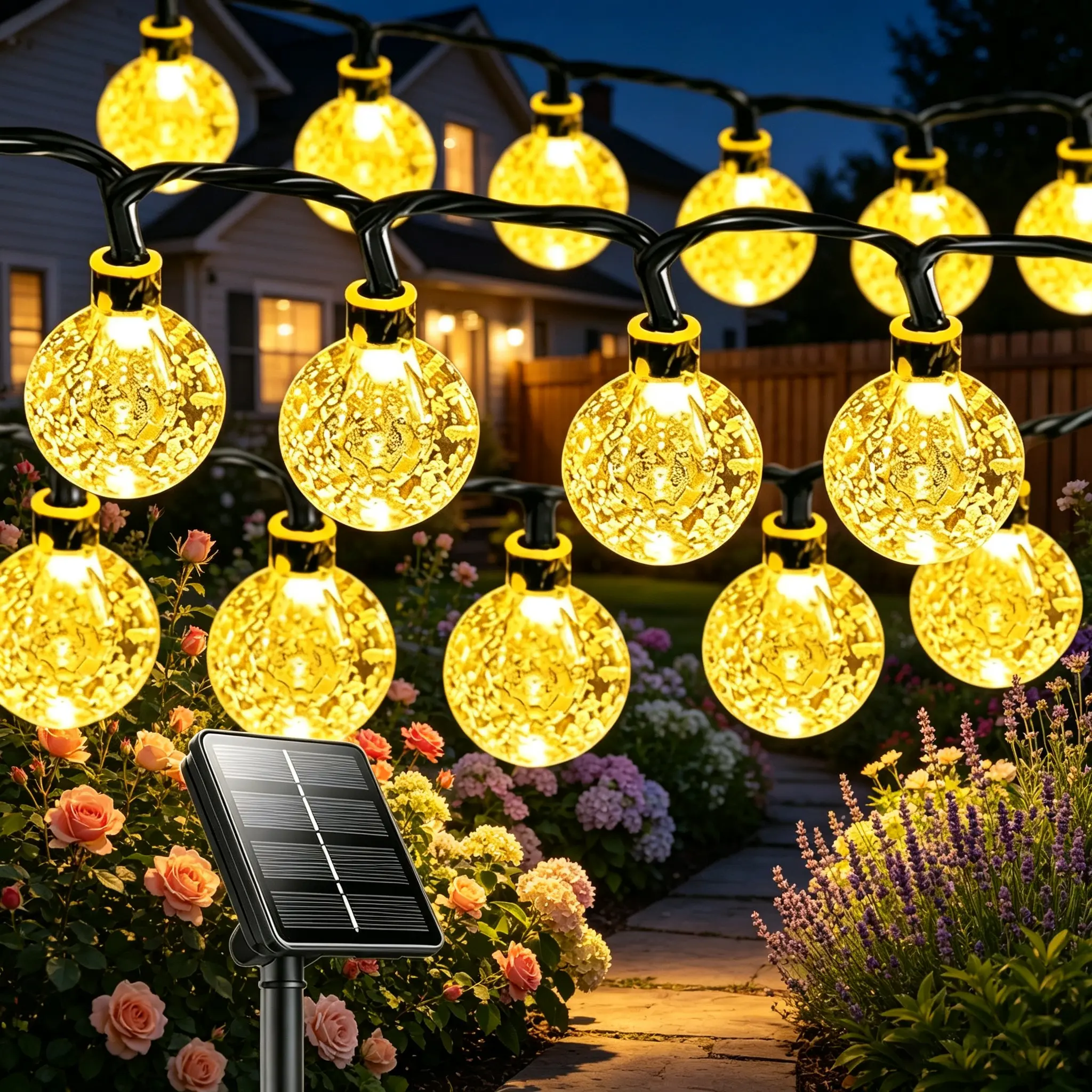 Outdoor Solar Crystal Ball String Lights – Waterproof (IP65) design with 8 lighting modes; suitable for decorating courtyards, gardens, weddings, porches, parties, and Easter trees—a perfect holiday gift. (Warm White)