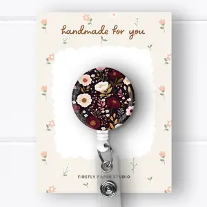 Dark Floral Badge Reel, Retractable Badge Reel w/ Alligator Swivel Clip