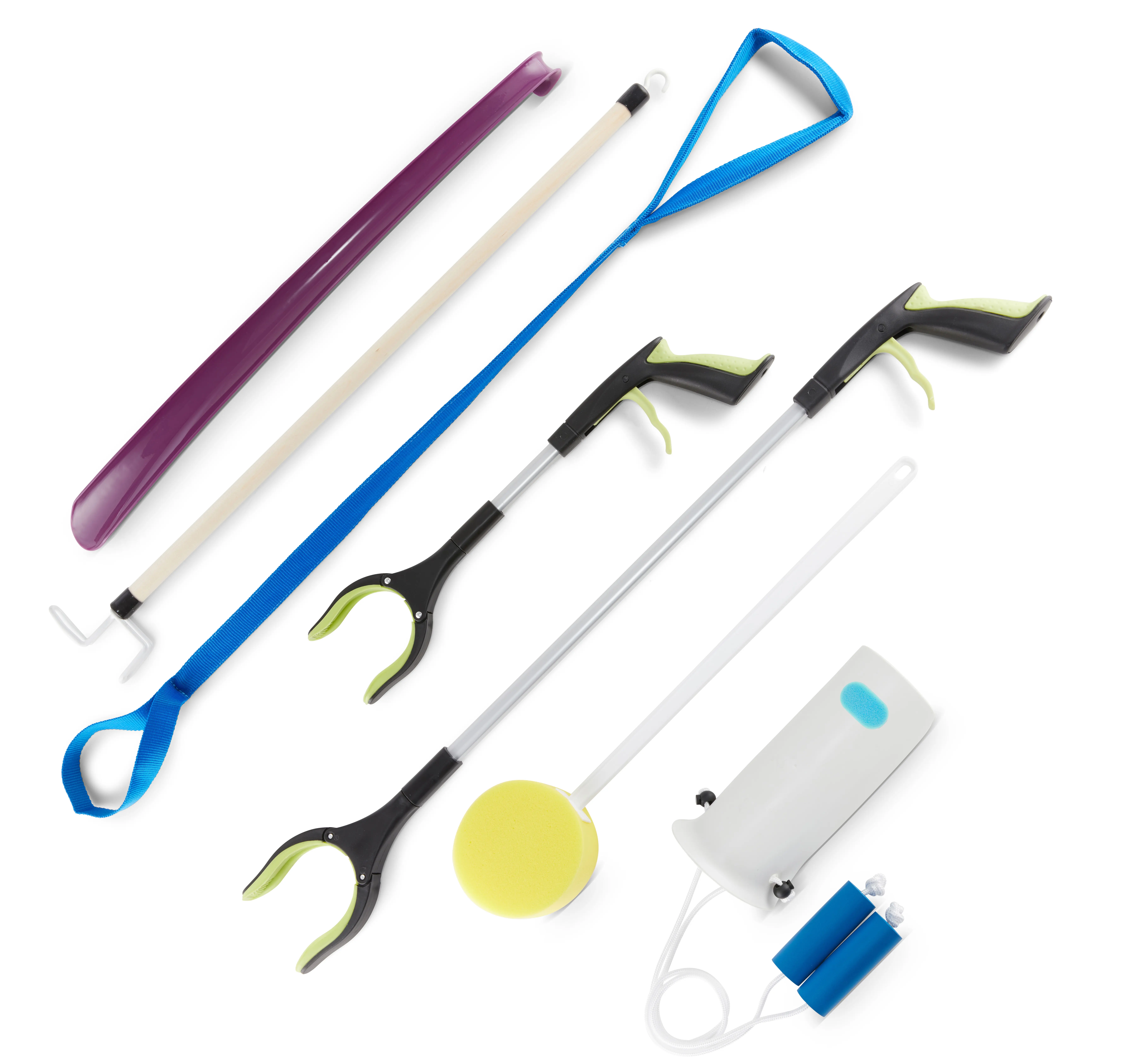 Mars Wellness 7 Piece Deluxe Hip Kit - Deluxe Hip/Knee Replacement Kit Tool - Leg Lifter, Sock Iad, 2 Rotating Grabber Reacher, Dressing Stick, Shoe Horn, Bath Sponge - Surgery Recovery Kit