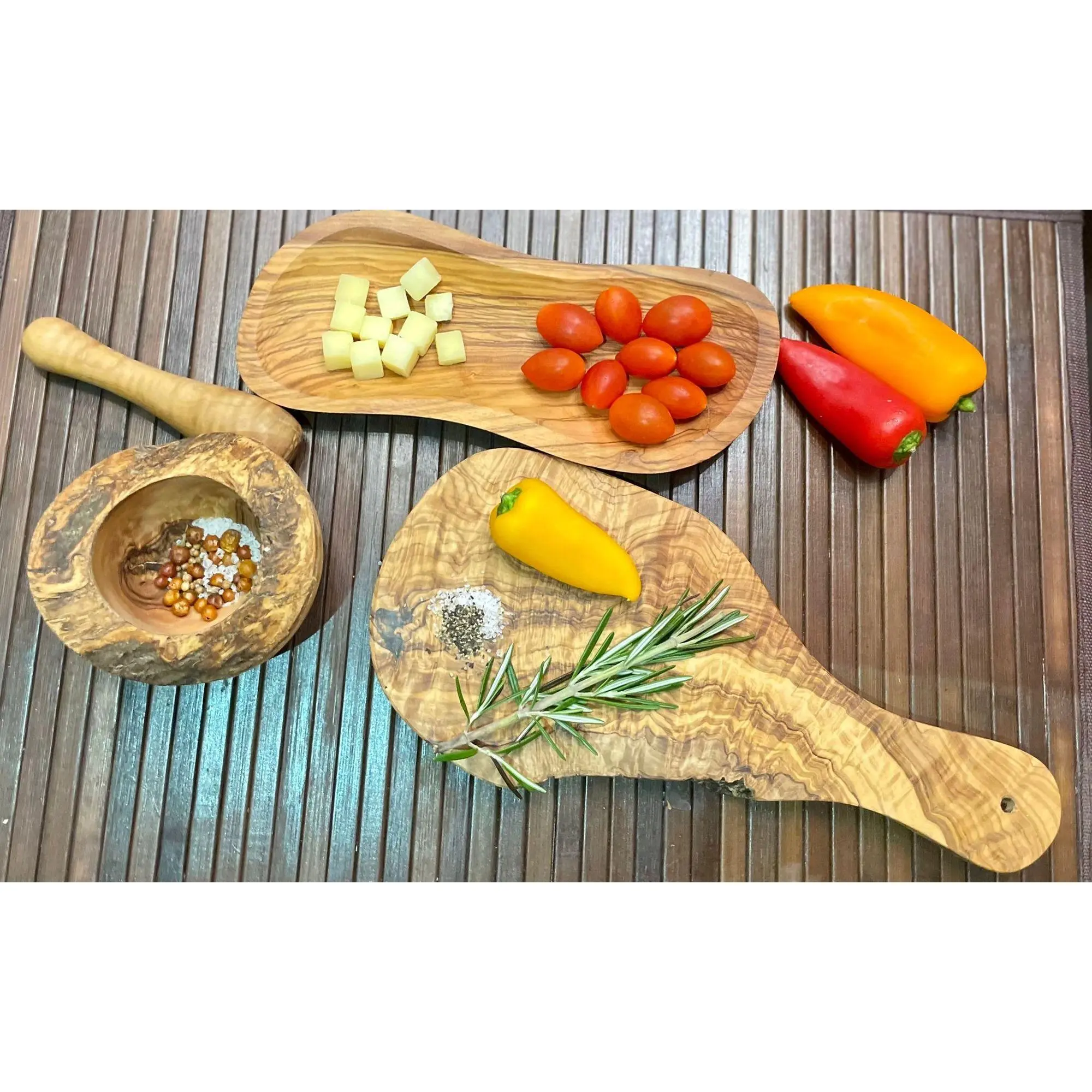 Authentic Mediterranean Olive Wood 4-Piece Kitchen Set - Handcrafted Wooden Mortar and Pestle, Multi-Purpose Serving Bowl, and Durable Cutting Board