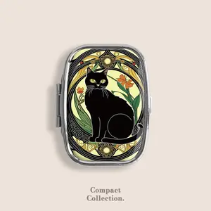 Art Nouveau Black Cat Art Small Pill Box Pill Organiser Ring Trinket Stash Medicine Vitamins Gum Tic Tacs Mint Metal Pill Bottle Case Dispenser Holder Travel Size gifts for girl For Boyfriend under 100 dollars
