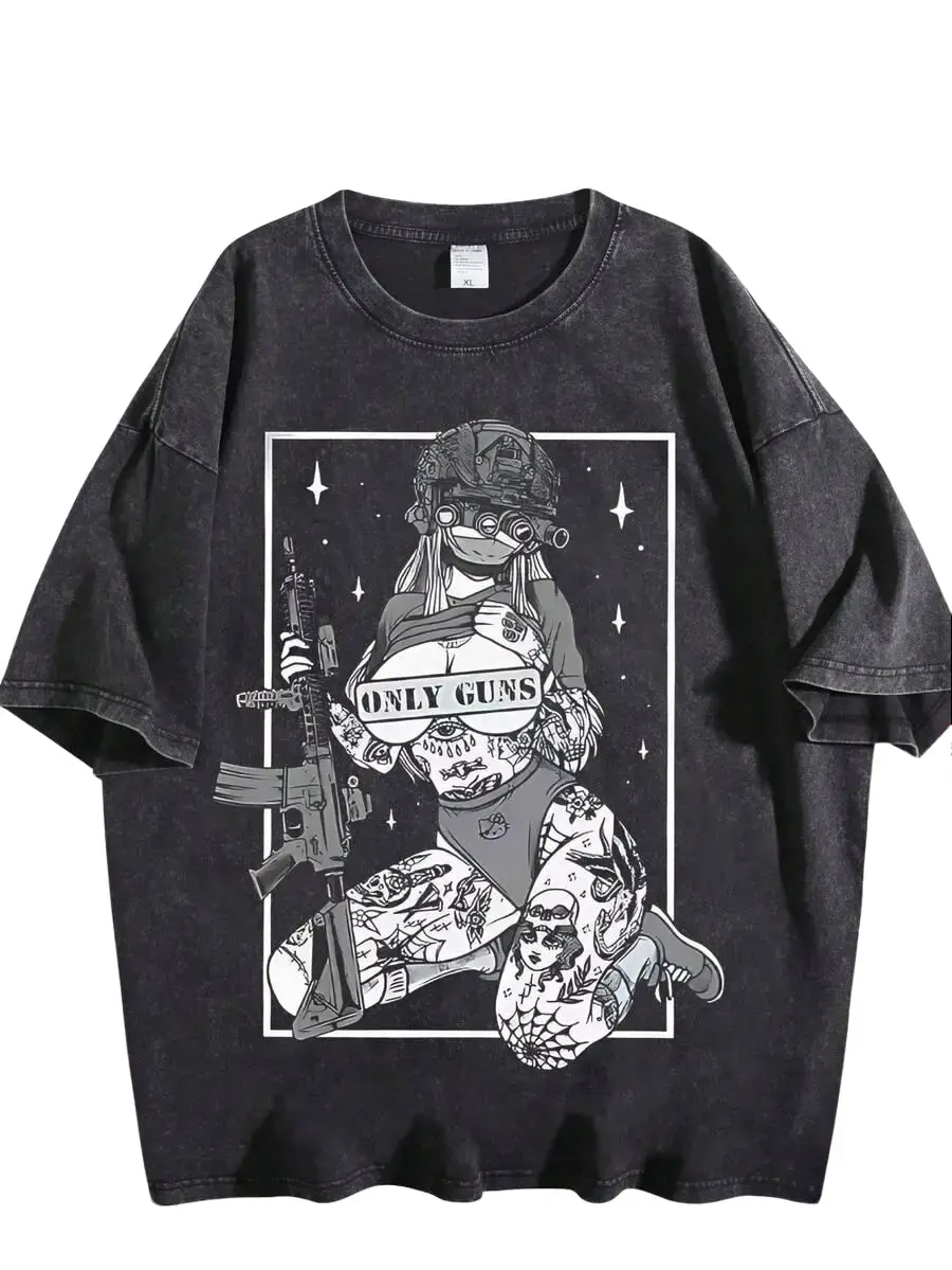 Men's Unisex Cotton Crew Neck Streetwear Tactical T-Shirt - Vintage Washed, Oversized, Distressed, Grunge AR-15 Graphic, Grunge Tattooed Anime Girl Design, Edgy Alt Aesthetic Casual Apparel