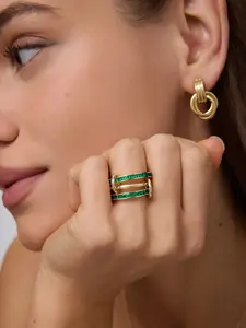 Women's 14K Gold-Plated Stackable Ring Set – Emerald Cubic Zirconia Multi-Band Statement Rings, Versatile Daily Jewelry