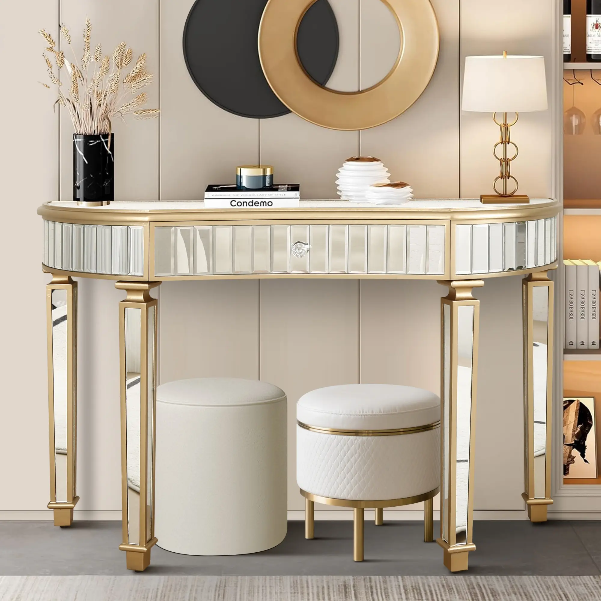 47 in Modern Luxury Mirror Console Table, Fluted Edges Glass Top with Crystal Knob Drawer, H-Shaped Base Modern Vanity Table for Living Room, Foyer Hallway Entrance