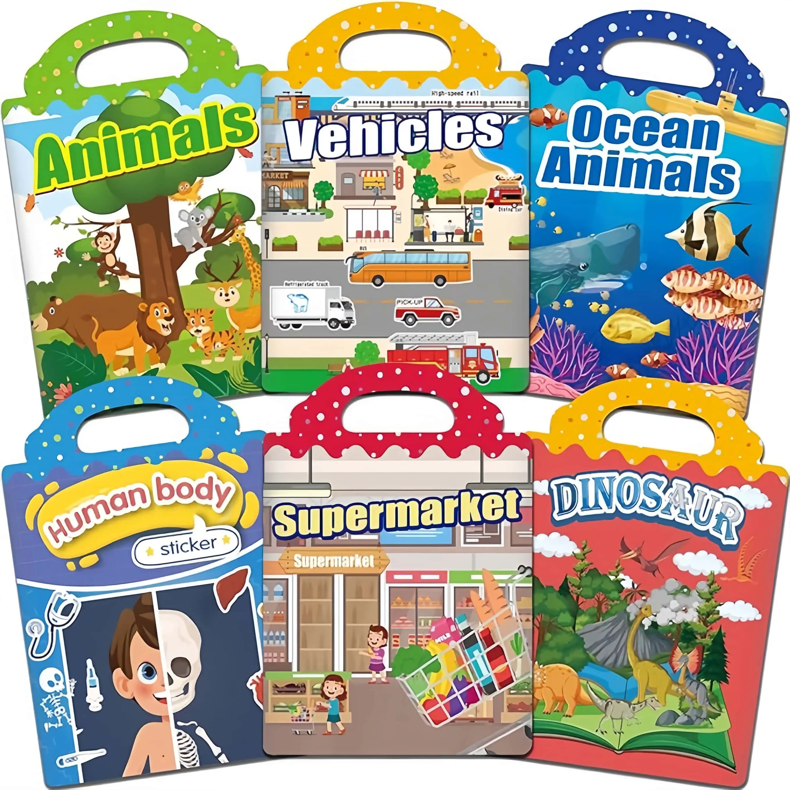 6-Pack Reusable Waterproof Animals Jelly Sticker Books for Toddlers 2-5, Puffy Educational Quiet Toys Great for Car Rides, Thoughtful Birthday or Holiday Gift for Girls & Boys