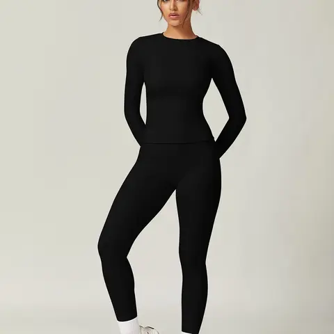 Women's Solid Long Sleeve Tee & Leggings Loungewear Two-piece Set, Casual Comfy Round Neck Top & Skinny Pants Loungewear Set, Ladies Loungewear for Spring & Fall