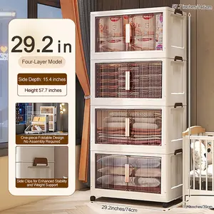 Naviconvex 4-Layer Wardrobe Cabinet, 29.2in Folding Storage Organizer with Wheels, Doors, Stackable Clothing Storage Solution for Home Space-Saving Organization, Clothing Storage Cabinet