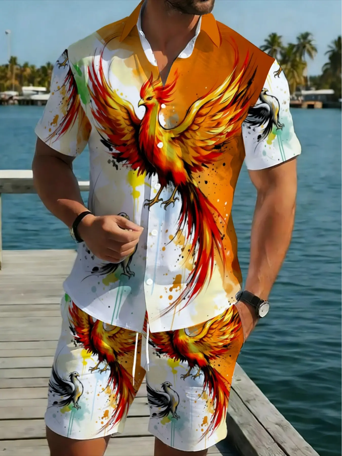 Men's lightweight polyester Tropical summer outfit, Collared, a combination of shirt and shorts, featuring a phoenix pattern, is perfect for casual outings at the beach, pool, or daily activities. This outfit comes in two colors - white and orange -