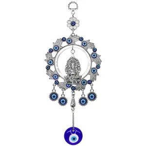 Blue Glass Evil Eye Hanging Ornament with Ganesha, Hamsa Hand Light & Solid Metal Decor - Auspicious Wisdom Nazar Amulet, Home Supplies Room Decor Inspirational Door Window Wall Accessory, Housewarming Spiritual Gift for Friends