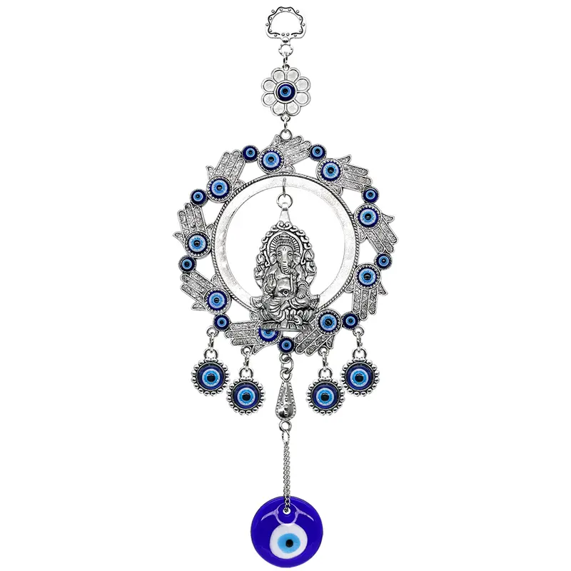 Large Blue Evil Eye Hindu Ganesha Idol Hamsa Hand Wall Decor Car Charm Diwali Hanging Decoration Nazar Amulet Door Window Hanging Home Protection Blessing Ornament Housewarming Birthday Spiritual Gift