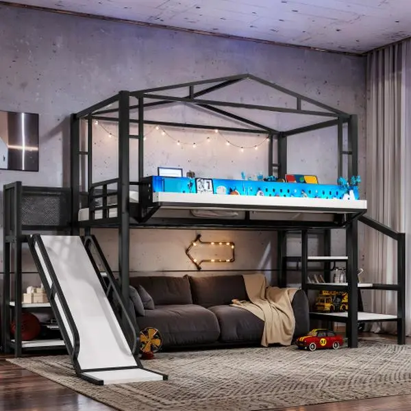 Twin Size Black Metal Stable Loft Bed Frame with Storage Stairs, Built-in Wardrobe, Shelves, USB Ports, LED Lights, Silent Noise-Free Design, Assembly Required for Students & Kids