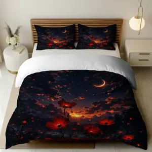 3PCS Duvet Cover Set, 1 Duvet+2 Pillowcases(Without filler), StarryNight Poppy Twilight Moonlight Dreamscape theme, Halloween bedding set, Romantic Artistic Elegant Stylish Suitable for decoration Bedroom Living Room Hotel Guest Room.
