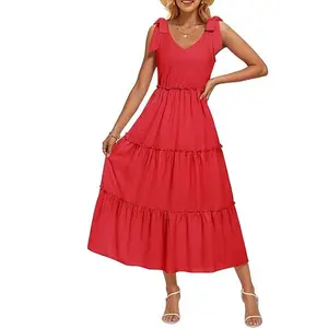 ZESICA Womens 2026 Summer Spaghetti Strap Midi Dresses Casual Tie Shoulder V Neck Flowy A Line Tiered Beach Long Dresses