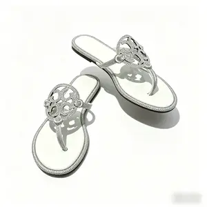 Resort-Ready White Patent Thong Sandals with Silver Rhinestone Trim, Dressy Flip Flops for Casual & Formal Looks
