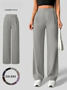 Plus Size Women's Basic Casual Solid Straight Leg Pants, Fitted Moderate Thickness Casual Plain Trousers for All Seasons, Stylish Woven Fabric for Everyday Wear, Casual Chic Bottoms