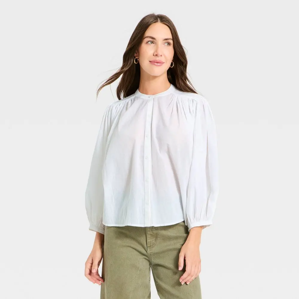 Women's Puff Long Sleeve Banded Collar Neck Blouse - Universal