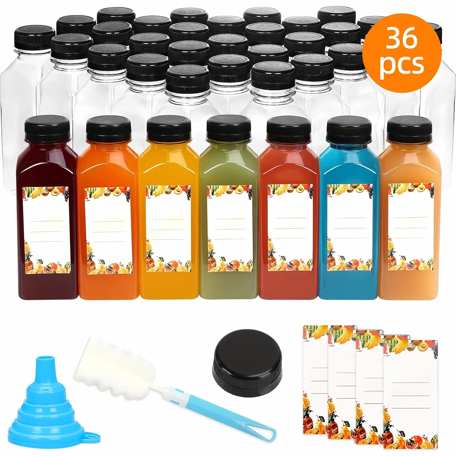 TOMNK 55pcs 12oz Bulk Reusable Bottles with Caps, Plastics Juice Containers, with Labels, Funnel And Brush, Clear Juicing Bottles for Juicing, Smoothies, Milkshakes And Iced Coffee, Good Sealin. Funnel & Brush (Color Random).