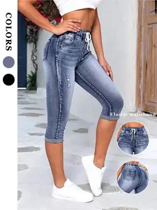 Women's High Waist Denim Shorts, Elastic Drawstring Design, Comfortable Loose-Fitting Summer Wear, Perfect for Casual