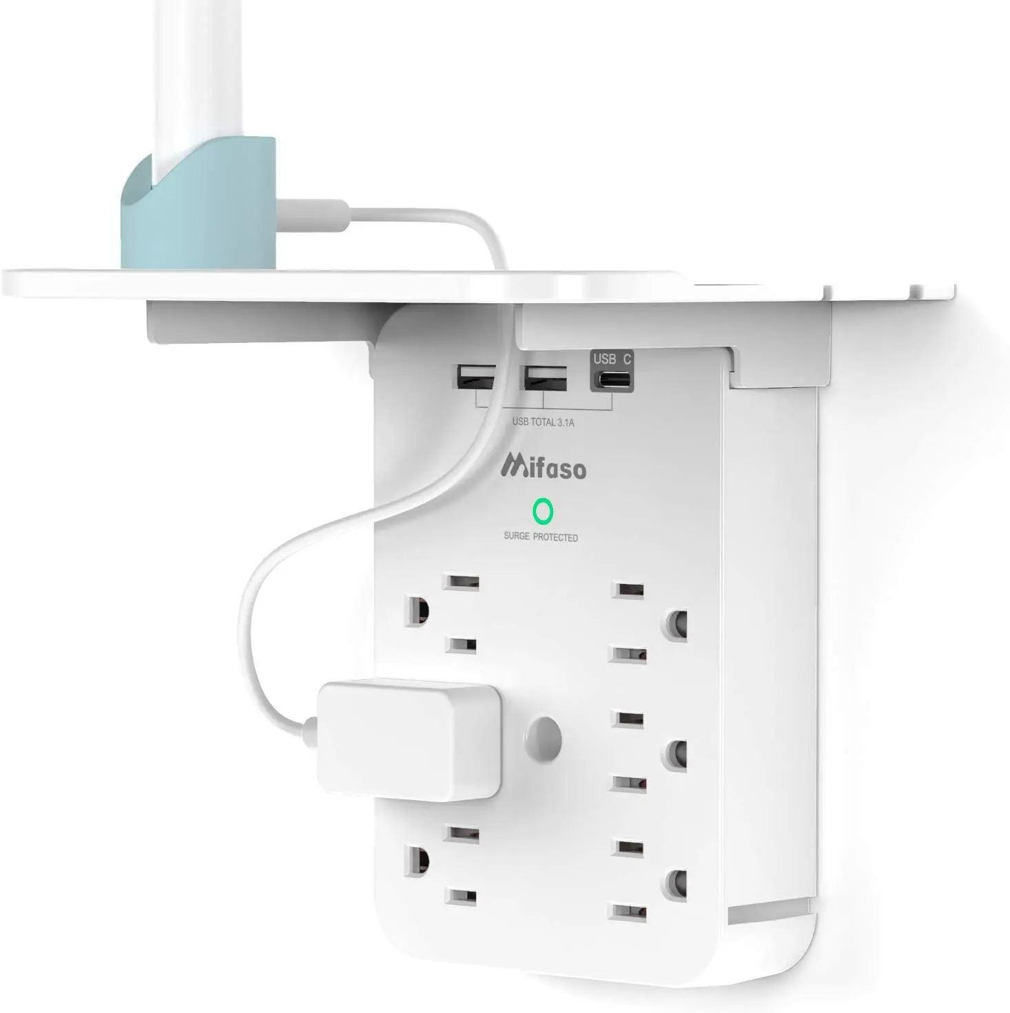 Mifaso Wall Outlet Extender with Surge Protector, 6 AC Outlets, Shelf, 2 USB & USB C Charging Ports - Home & Dorm Plug Expander