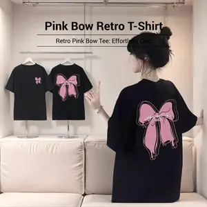 Pink bow T-shirt For Men Women Short Sleeves Retro Loose Graphic  Casual Korean Style Minimalist Design  Breathable Fabric Top Womenswear Cotton Day t shirts shirts men 90s graphic tees men's graphic tees