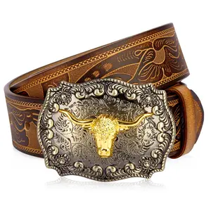 Genuine Leather Cowhide Men Belt Vintage Embossed Waist Straps Western Cowboy Retro Alloy Bull Buckle Belt Men Gift