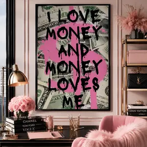 1Pc Optional Pink Money Quote Canvas Poster, Quotes Print, Funky Preppy Money Motivational Wall Art, I Love Money And Money Love Me, Wall Painting For Gift, Home, Office, Dormitory Decoration, Home Decor Accessory, Aesthetic Pink Canvas Wall Art for Girls