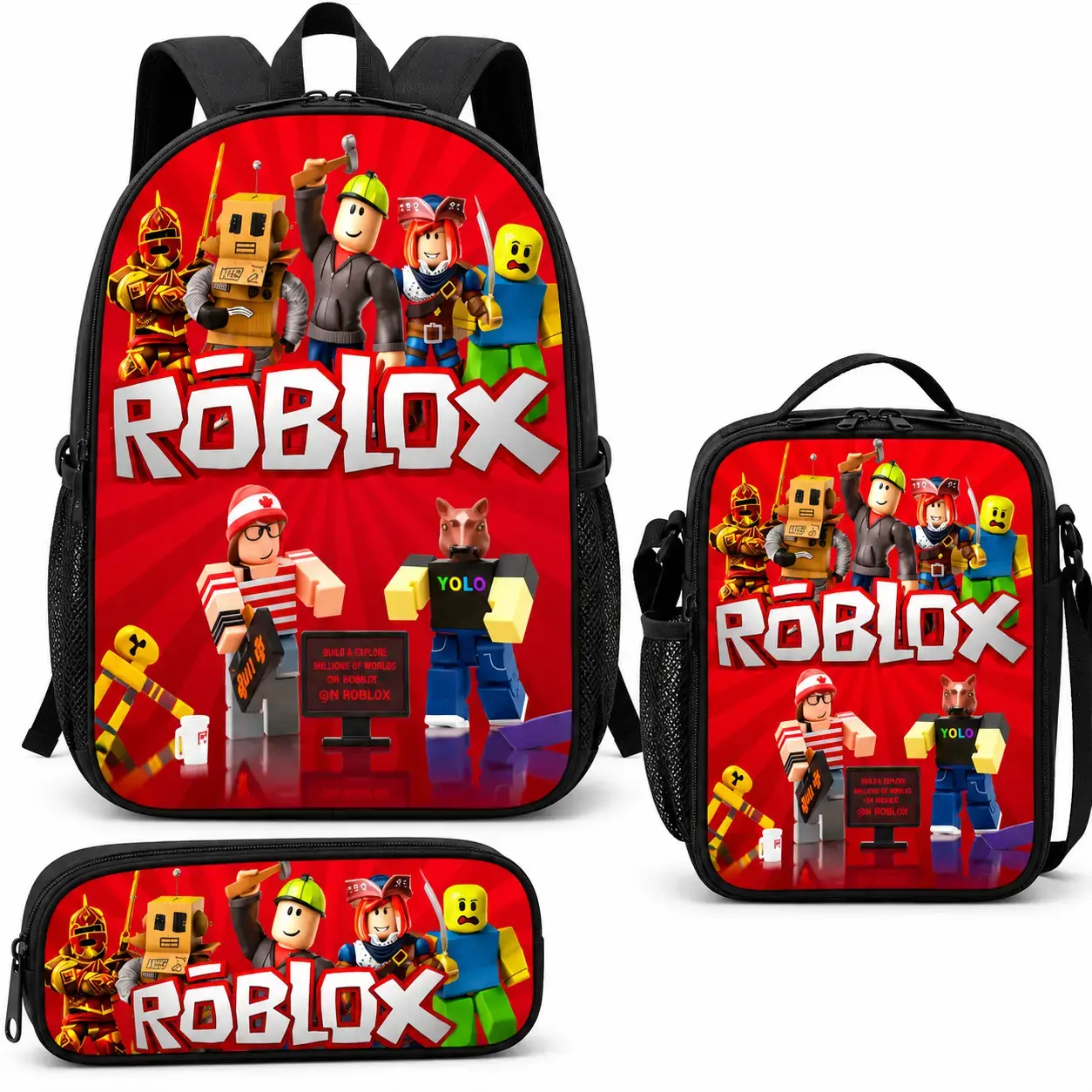 3-in-1 Backpack Set for Kids & Teens, Colorful Character 600D Oxford Schoolbag with Insulated Lunch Box & Pencil Case, Large Capacity for School & Travel, Colorful Character Backpacks