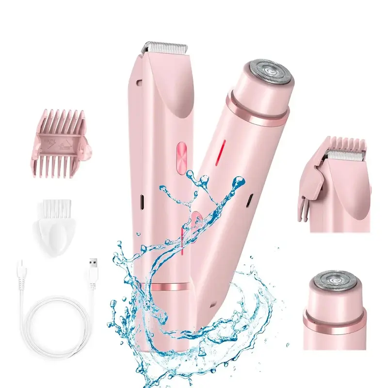 2-in-1 Dual Head Bikini Shaver & Trimmer, Portable Rechargeable Showerproof Cordless Tool, Painless Precision Shaver for Sensitive Areas & Facial Grooming, Lightweight Flawless Peach Care Travel Electric Razor