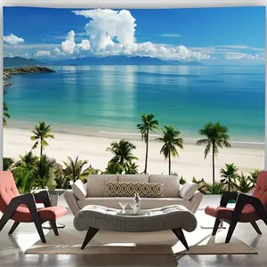 Tropical Beach Rug with Palm Trees and Sea View, Polyester Fiber Wall Hanging for Living Room Bedroom Coastal Home Decor, Party Decoration