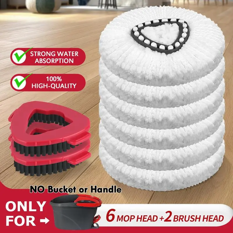 Industrial-Grade Microfiber Spin Mop Replacement Head & Scrub Brush Kit - Removable & Washable Microfiber Mop Refills, TriangleMop3pk+2brush, High-Absorption Parts for 1-Tank Hard Floor Cleaning Systems