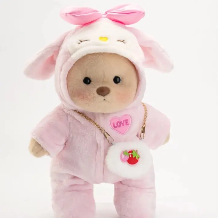 Getahug Handmade Brown Strawberry Teddy Bear - 9in Posable Joints Moveable Stuffed Animal, 12” Standing Height, 7.5” Width, Bow-Adorned Bunny Accent, Fluffy Polyester Fill, Hand Wash Only, Cute Stuffies Stuffed Animal Gifts for Kids 6+
