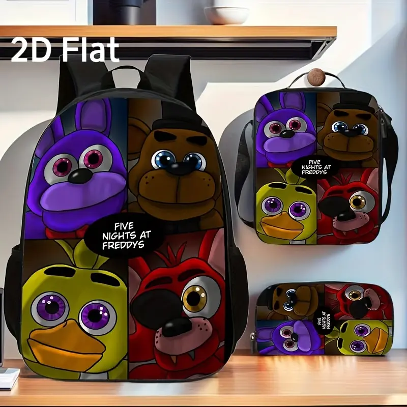 3pcs Freddy Backpack Set with Lunch Bag & Pencil Case - Cute Freddy Character Print School Bag, Large Capacity Backpack with Tablet/Laptop Compartment, Adjustable Straps & Matching Lunch Box & Case for & (School Age), for Teenager