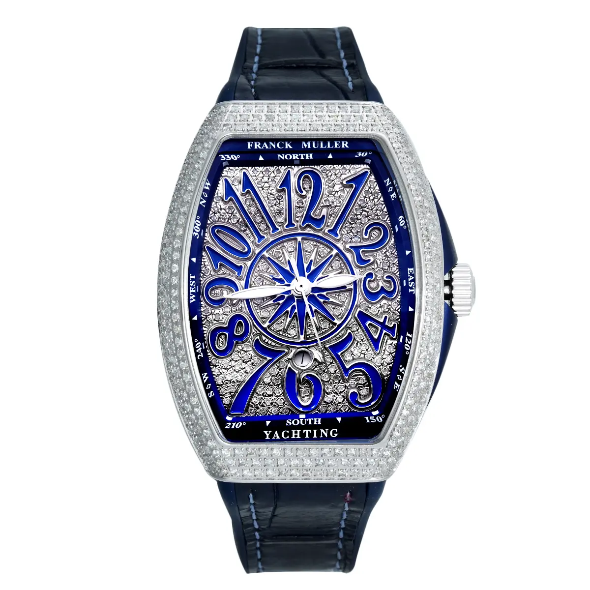 Franck Muller Vanguard Yachting V35 Automatic Blue Dial Diamond Paved Watch with Aftermarket Diamond Setting WHP038727