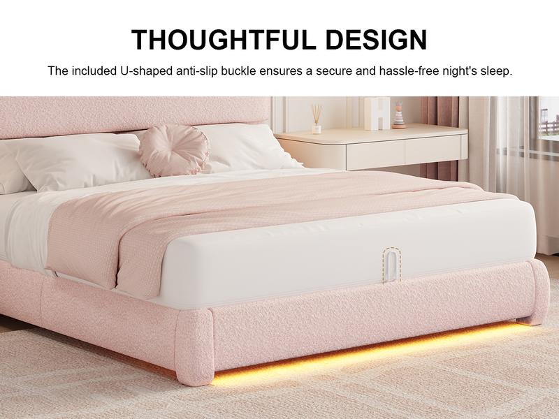 SIBEDS Queen Size Bed Frame with LED Lights, Princess Pink Teddy Fleece Rounded Corner Upholstered Platform Bedframe with Headboard, Modern Style, Soft Rounded Corners, Noise Free, No Box Spring Needed, Easy Assembly