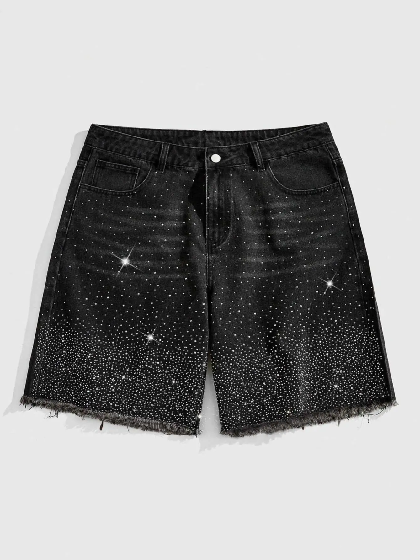 Men's Black Rhinestone Denim Shorts Y2K Streetwear Style Knee Length Jeans Shorts With Sparkle Crystal Studs Washed Casual Loose Fit Raw Hem Summer Hip Hop Fashion Shorts For Men