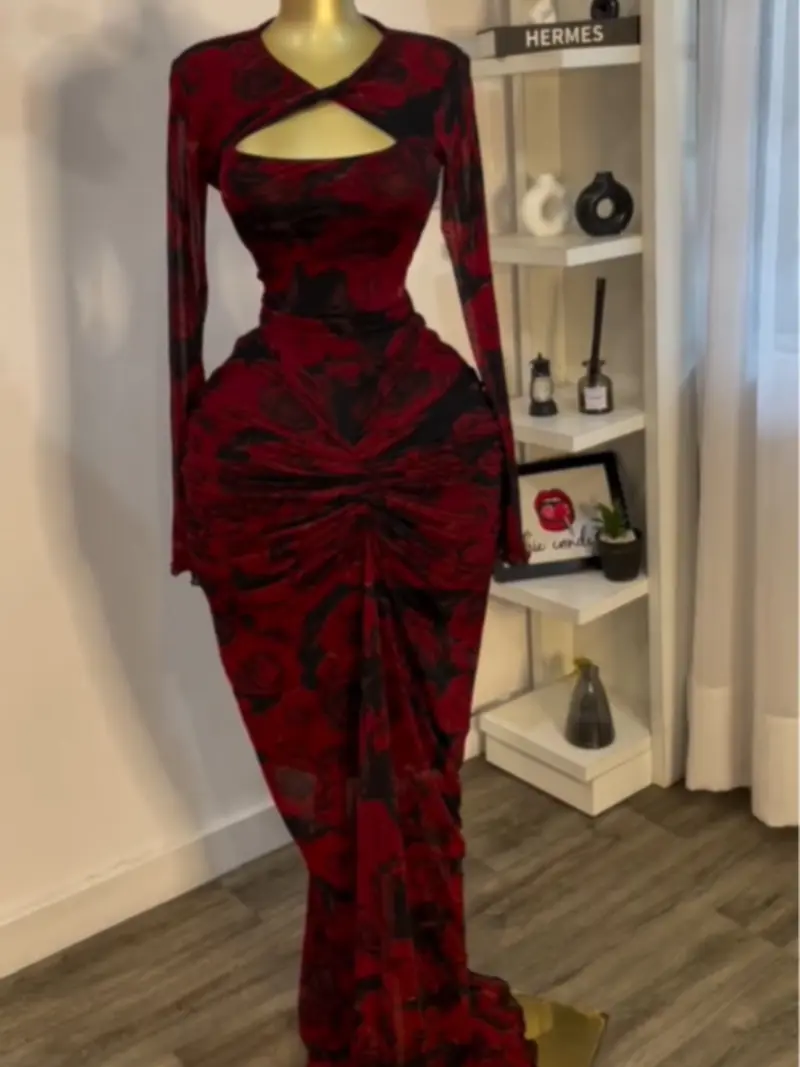 PULKRITU Women's All Over Print Cut Out Bodycon Dress, Fashion Casual Cocktail Party Dress for Daily Outdoor Wear, Women Dress for Autumn