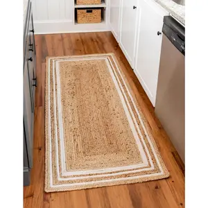 Natural and White Braided Jute Rug