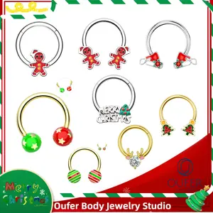 Oufer 16G Internally Threaded Christmas Baubles Striped Pattern Horseshoe Septum Ring