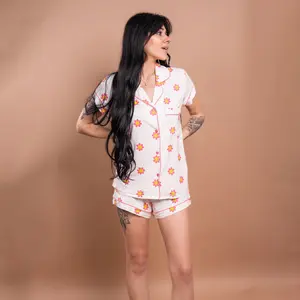 Cozy Ups Remi Pink Smiley Face Flower Bamboo Short Sleeve Pajamas