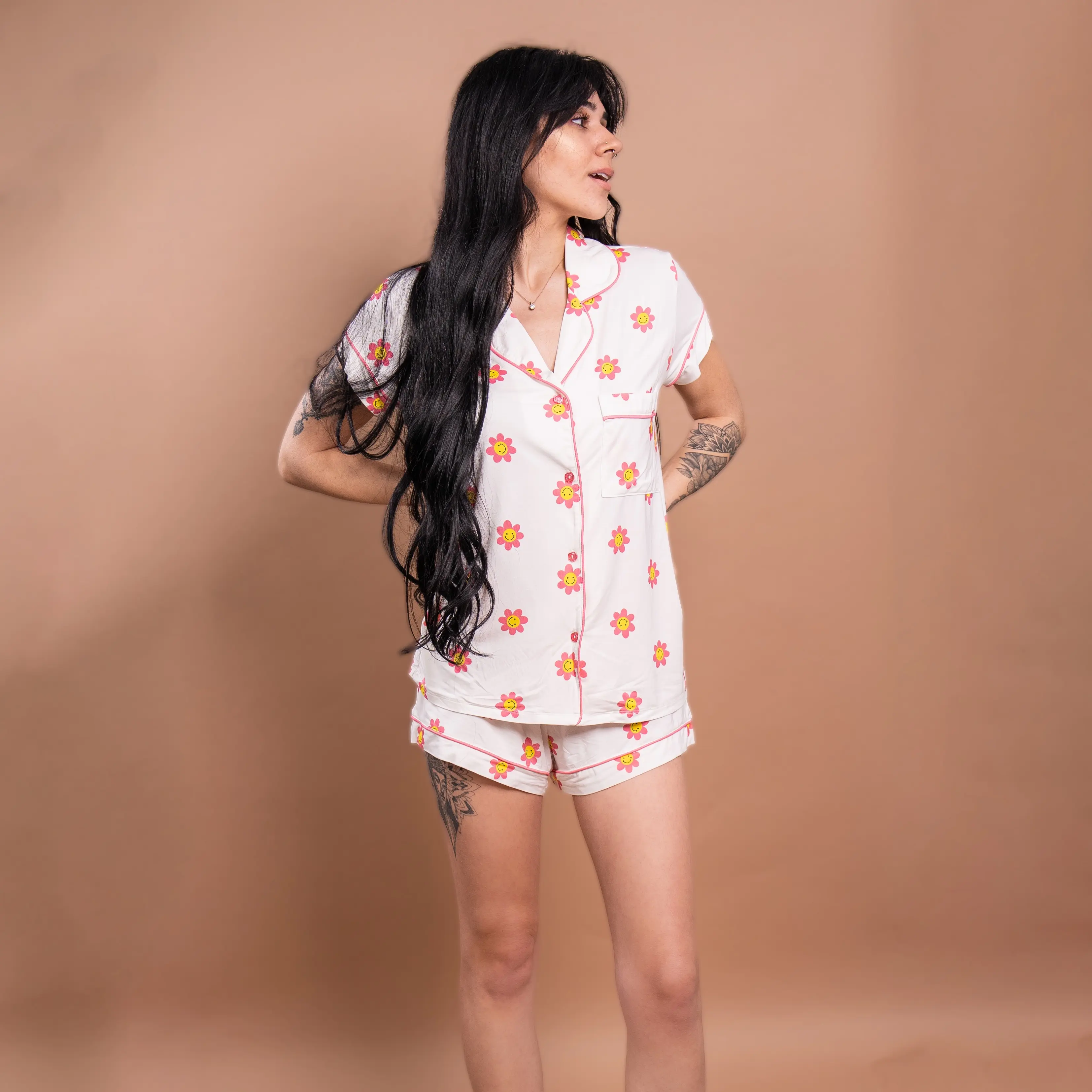 Cozy Ups Remi Pink Smiley Face Flower Bamboo Short Sleeve Pajamas