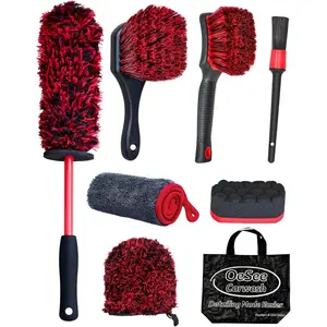 8 count Wheel Cleaning Kit with Microfiber Brush & Rubber Grip Tire Brush, Twist Loop Drying Towel, Detailing Brush, Applicator for  Rim and Tire Care