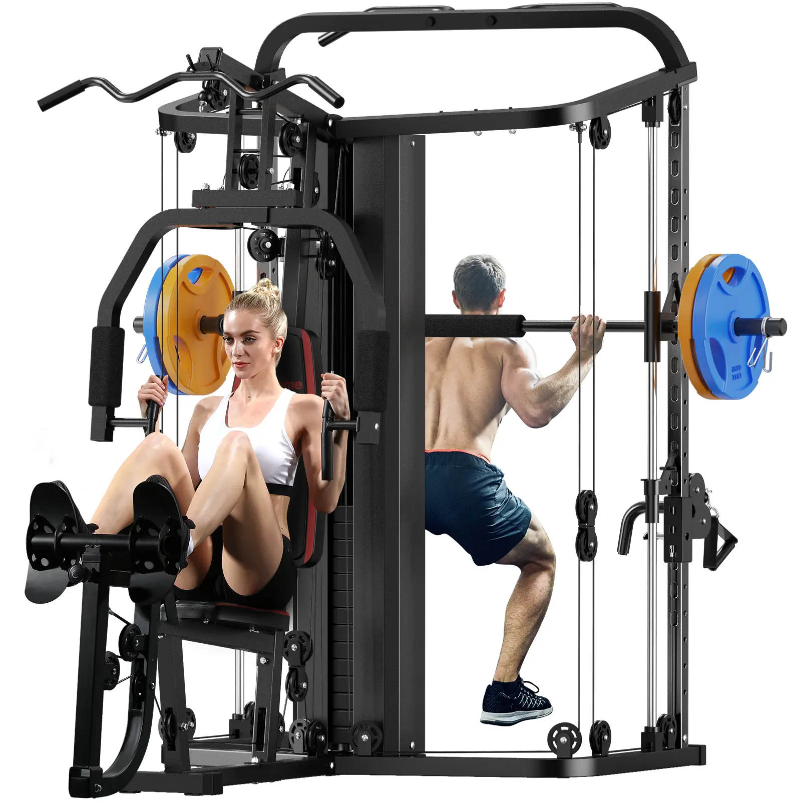 SunHome Multifunction Home Gym System Workout Station - Adjustable Smith Machine with 138LB Weight Stack, Dual Action Press Arms, Vertical Butterfly, Leg Press, LAT Station for Full Body Training